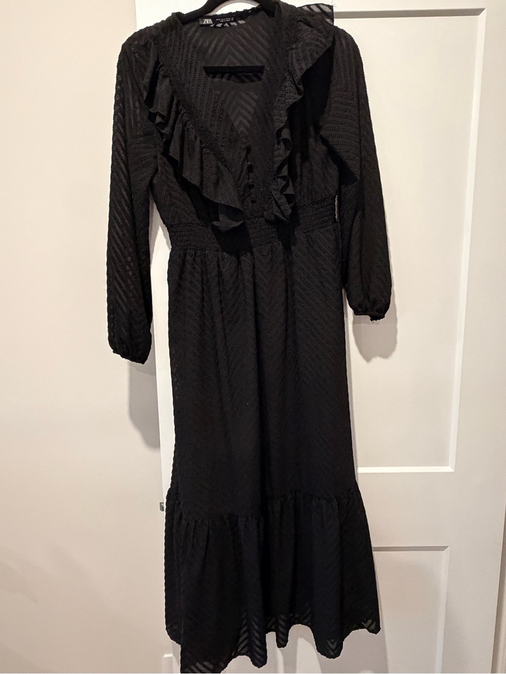 Zara Black Long Sleeve Ruffle Midi Dress